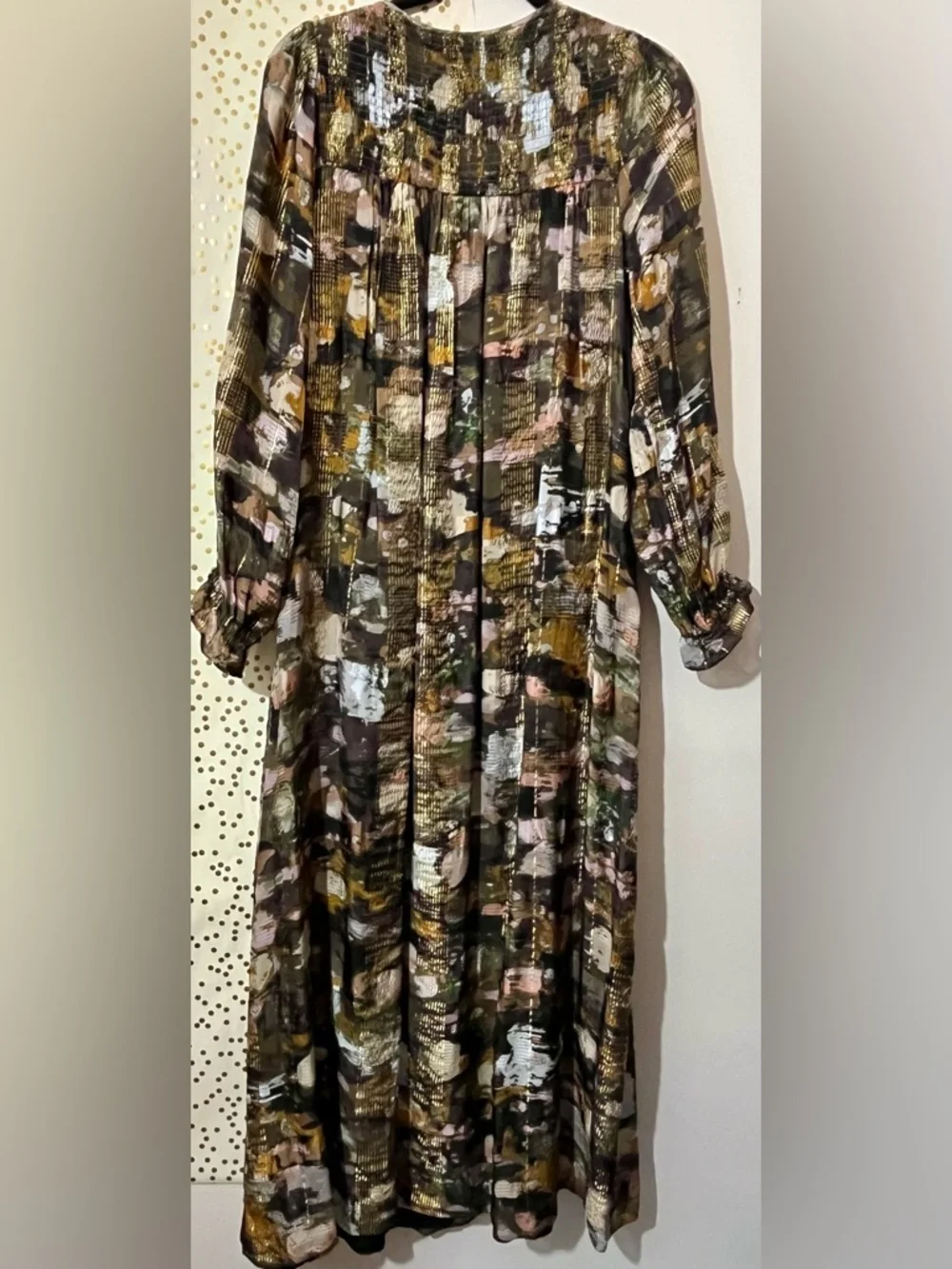 Anthropologie Multicolor Metallic Gold Long Sleeve Maxi Dress size Medium - Picture 2 of 12